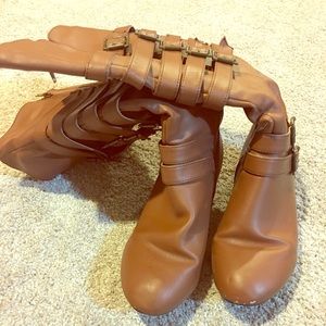 Brown wedge knee high boots